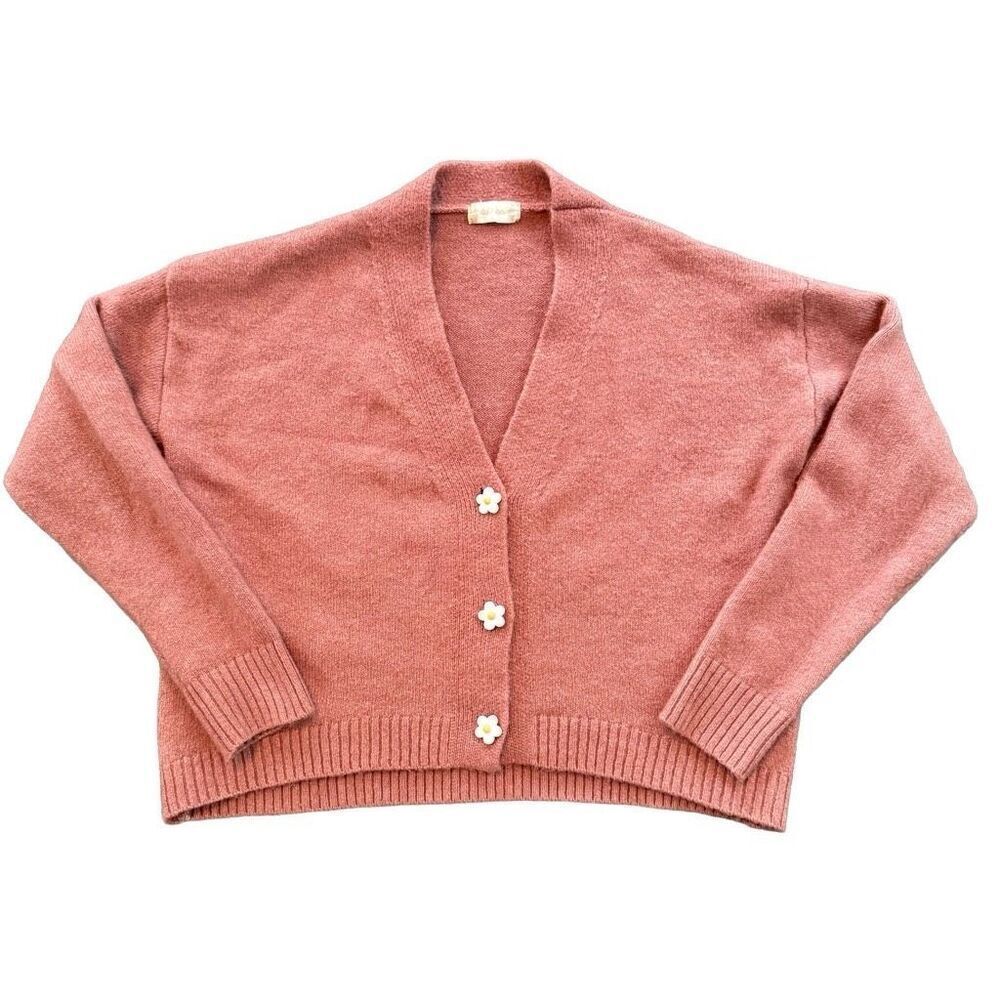 Altered State Knitted Cardigan Oversized Flower Buttons Pink Sz XS